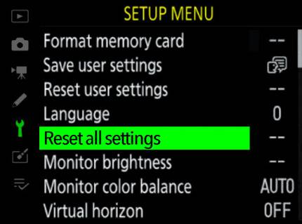 nikon factory reset default settings